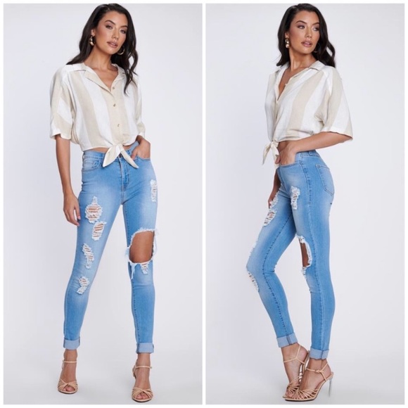 Distressed Tencel High Waist Skinny Jeans - Picture 2 of 7